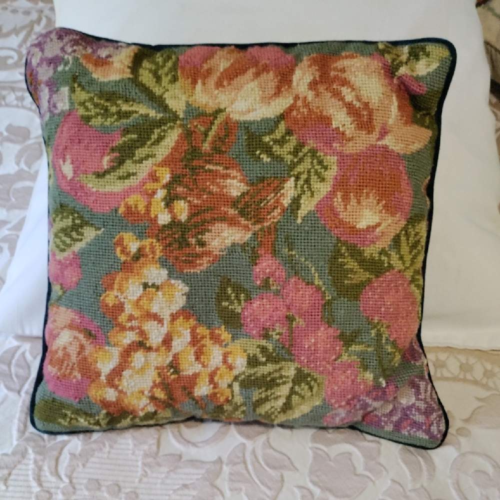 Floral Needlepoint Throw Pillow